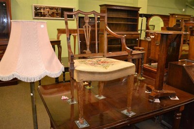 Lot 392 - A Victorian mahogany games table, Hepplewhite style elbow chair, a brass standard lamp and an...