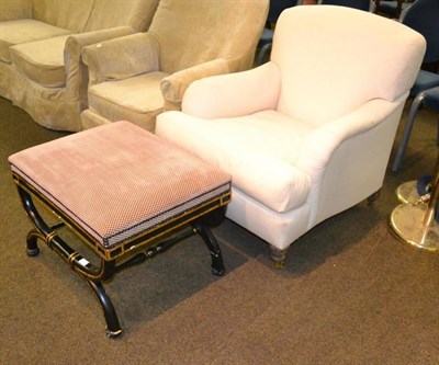 Lot 411 - A Peter Dudgeon cream upholstered armchair with down filled pillow, also an x-framed stool (2)