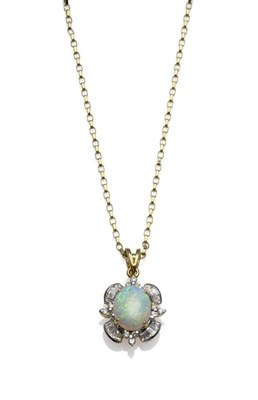 Lot 274 - An Opal and Diamond Set Pendant on Chain, the oval cabochon opal within a fancy shaped frame of...