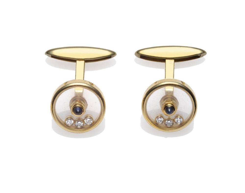Lot 279 - A Pair of 18 Carat Gold 'Happy Diamonds' Cufflinks, by Chopard, each round cufflink head with a...