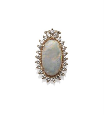 Lot 281 - An Opal and Diamond Pendant, the oval cabochon opal within a border of twenty-one round...
