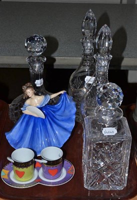 Lot 6 - Royal Doulton figure ";Elaine"; HN2791, four decanters, two silver labels ";Sherry"; and...