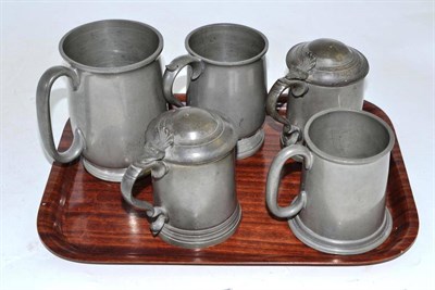 Lot 7 - Two pewter tankards and three mugs