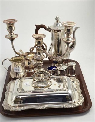 Lot 10 - Silver three pieces cruet, plated coffee set, plated caddy spoon, plated entree dish and a...