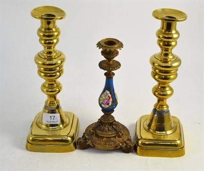 Lot 17 - Sèvres style brass candlestick and two brass candlesticks