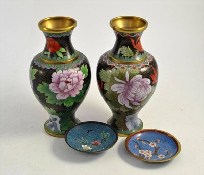 Lot 22 - Pair of cloisonné vases and two small dishes