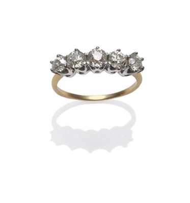 Lot 284 - A Diamond Five Stone Ring, the old cut diamonds in a white claw setting, to a yellow tapered...
