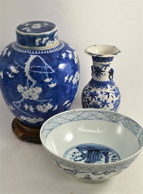 Lot 33 - A Chinese cracked ice blue and white ginger jar and cover with stand, a blue and white baluster...