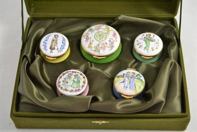 Lot 35 - A set of five Kate Greenway Crummels enamel boxes, cased
