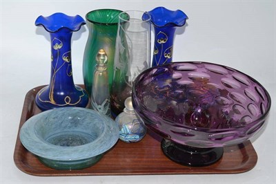 Lot 38 - Tray of decorative glass including Webb amethyst bowl, Ditchfield vase, Okra scent bottle etc