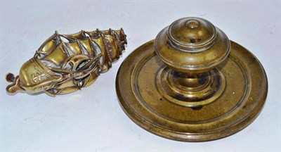 Lot 43 - A Regency brass inkwell and a galleon door knocker with registration number