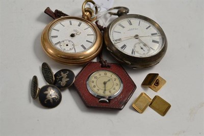 Lot 52 - Pair of 9ct gold cufflinks, pair of sterling cufflinks, two pocket watches and fob watch