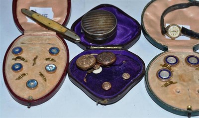 Lot 59 - Three part cased sets of buttons, a watch, a fruit knife and a silver box
