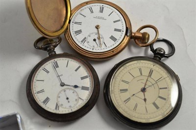 Lot 66 - A silver chronograph pocket watch, plated pocket watch and a gun metal pocket watch (3)