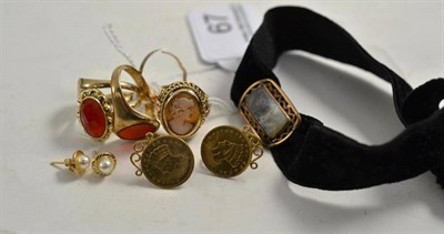 Lot 67 - A mourning ring (a.f.), three signet rings, a cameo ring, coin earrings etc