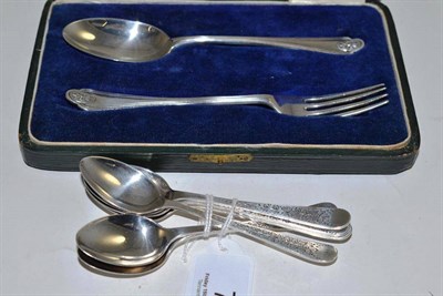 Lot 72 - Cased Christening fork and spoon and six silver teaspoons
