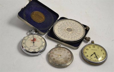 Lot 85 - A Fowlers calculator, in original tin, together with three pocket watches