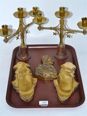 Lot 143 - A pair of ecclesiastical three branch candelabrum, a pair of brass faced wall mounted holders...