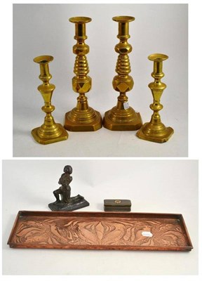 Lot 153 - A pair of brass candlesticks, stamped 'THE CORONATION 1902', another pair, horn snuff box, an...