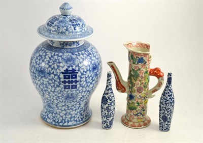 Lot 154 - A Chinese blue and white vase and cover, a pair of blue and white rose water sprinklers and ewer