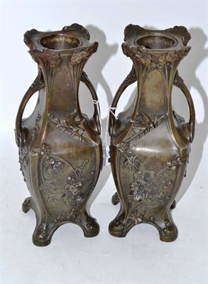 Lot 166 - Pair of French patinated spelter Art Nouveau vases (with conical liners) after Francois Moreau,...