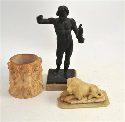 Lot 182 - A Renaissance alabaster carving of a lion, a Measham pottery vase and a classical style bronzed...