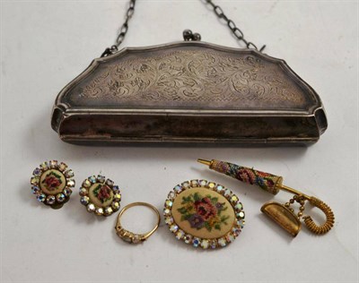 Lot 197 - An Edwardian silver purse, Birmingham 1918, a brooch and matching earrings, a brooch and a 9ct gold