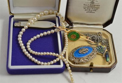 Lot 209 - A strand of pearls, a jade bar brooch, a fruit knife, a marcasite brooch and an abalone brooch