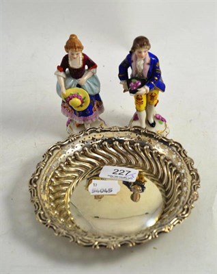 Lot 227 - Small silver dish and pair of small Continental figures