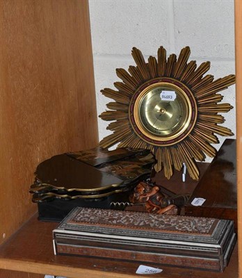 Lot 256 - A rosewood fitted box, black papier mache handkerchief box, pair of Japanned wall brackets, two...