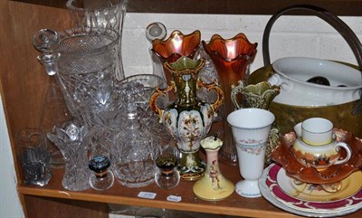 Lot 270 - A shelf of decorative cut glass and ceramics including vases, decanters, carnival glass, Royal...