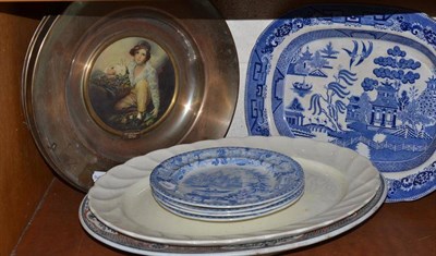 Lot 276 - A large Willow pattern meat plate, another with well drainer, four Surseya Oriental scenery plates