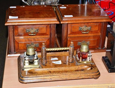 Lot 278 - A Victorian oak desk standish, a pair of two drawer uprights (from a dressing table)