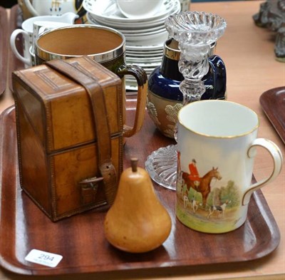 Lot 294 - Doulton stoneware harvest tyg with silver mounted rim, a leather case, etc