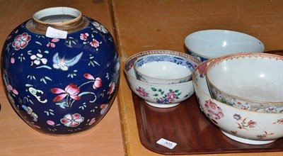 Lot 305 - Chinese polychrome decorated vase (cracked) and five assorted Chinese export bowls (a.f.) (6)