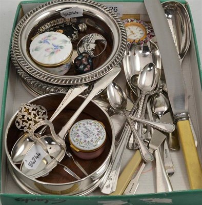 Lot 326 - A silver hair comb, a brooch, dessert spoon, two teaspoons, a quantity of plated flatware,...