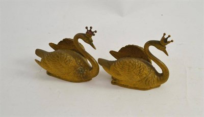 Lot 340 - A pair of Austrian patinated bronze swans, each wearing a crown and stamped 'KLEIN, WIEN' to base