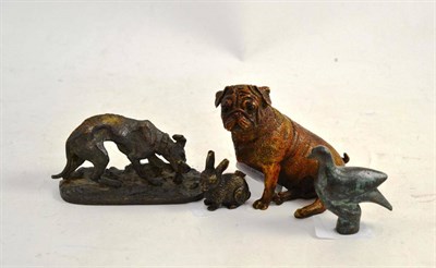 Lot 343 - A cold painted bronze bull dog, a bronze of a dog after Mene and two small bronzes (4)