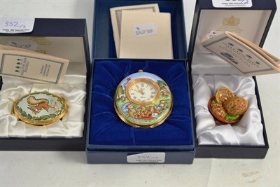 Lot 352 - Halcyon Days quartz travelling alarm clock, decorated with a teddy bears picnic (boxed) a...