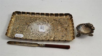 Lot 353 - Silver embossed tray, silver salt and knife