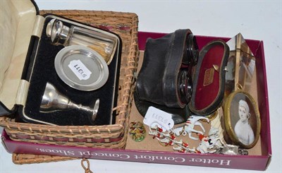 Lot 357 - A 19th century miniature of a bonneted lady, a cased communion set, opera glasses, etc