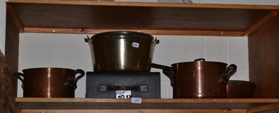 Lot 365 - Three copper pans, brass jam pan and typewriter