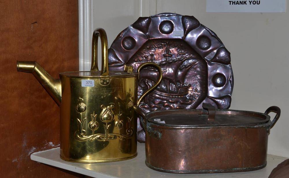 Lot 370 - A J S & S brass Art Nouveau watering can, a copper fish kettle stamped St Carlos Hotel, London...