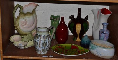 Lot 379 - A shelf of ceramics including a Derby Glynn Cellerdise jug, Hornsea vase, Grimwades hygienic...