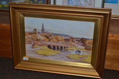 Lot 414 - A signed watercolour, Wallis Jones 1908, a village scene with a man watering horses in a river