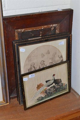 Lot 415 - Two prints in the manner of Hogarth, an oil on canvas and a painted silk depicting exotic birds (4)