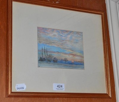 Lot 424 - Small watercolour landscape at sunset