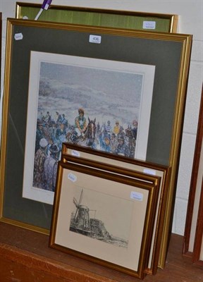 Lot 436 - Cheltenham Winter scene print, framed Oriental print and three etchings (5)