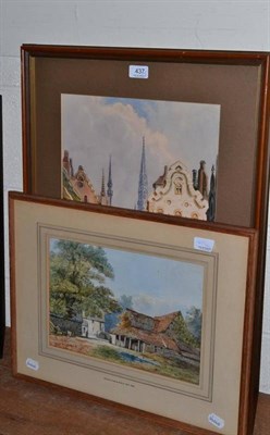 Lot 437 - Watercolour of a thatched roof building after William Callows and a watercolour of Brussels, signed