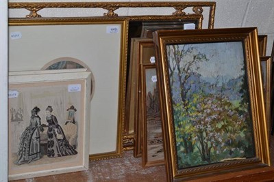 Lot 449 - Oil on board depicting apple blossom, a watercolour of a street scene, two mirrors, pastel...